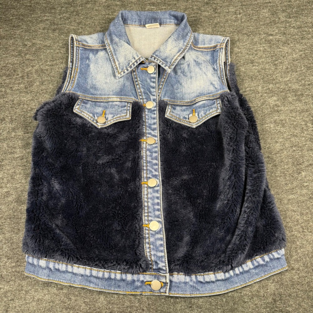 Litz Womens Denim‎ and Navy Blue Faux Fur Mixed Media Vest  Size Large